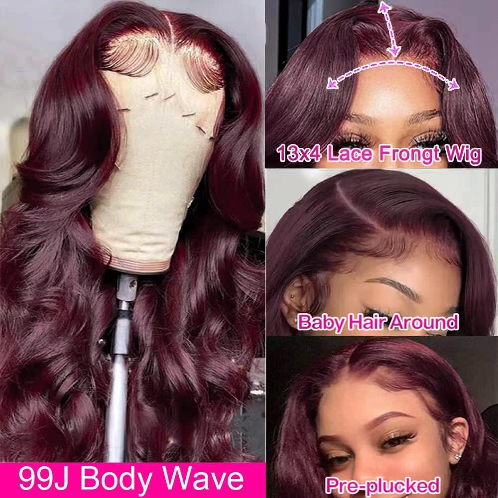 13x4 99J Burgundy Body Wave Lace Front Wigs Human Hair 180% Density Wine Red Color Wigs for Women HD Transparent Lace Front Wigs Glueless Human Hair Pre Plucked with Baby Hair (20inch)