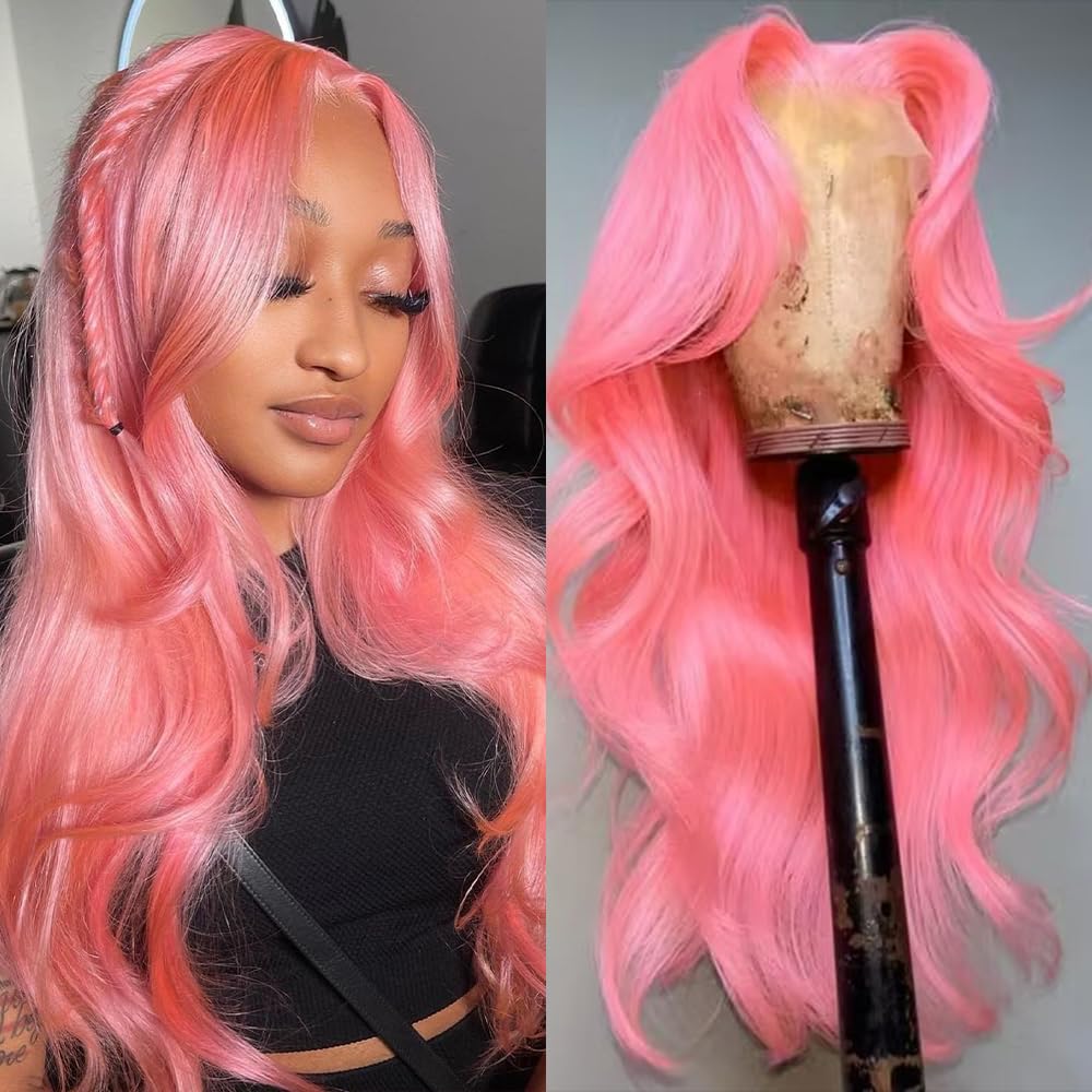 Pink Lace Front Wig Human Hair 13x4 Pink Wig Human Hair Pink Body Wave Lace Front Wigs Human Hair Pre Plucked Colored 12A 200 Density Pink HD Lace Frontal Wig Human Hair With Baby Hair 22 Inch