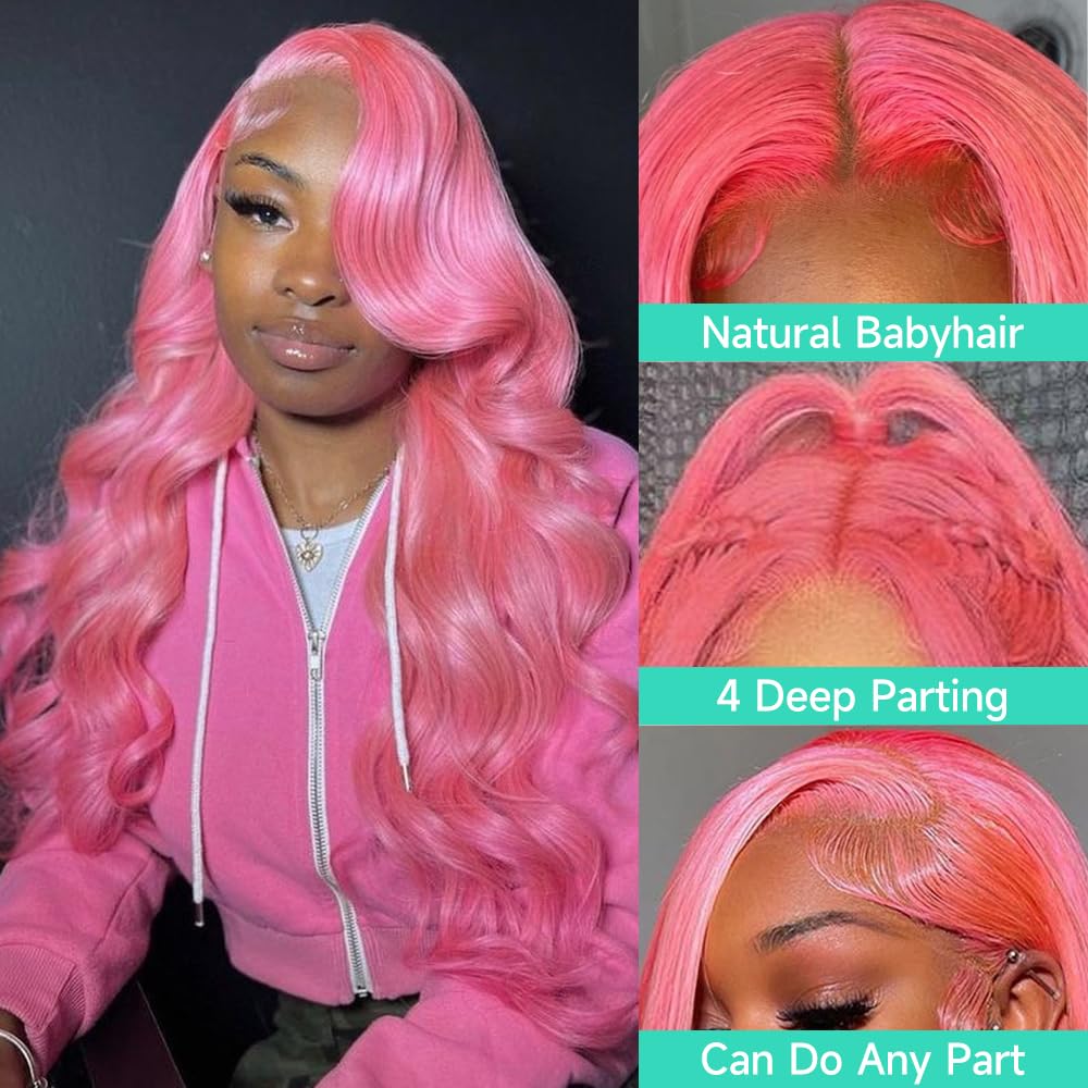 Pink Lace Front Wig Human Hair Pre Plucked Body Wave 13x4 Pink HD Lace Front Wigs human hair with Baby Hair 180% Density Colored Pink Human Hair Lace Front Wig 22 Inch