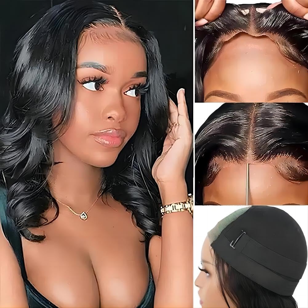 ISEE Wear and Go Glueless Wigs Human Hair Pre Plucked Pre Cut Short Bob Body Wave Lace Front Wigs Human Hair for Women Upgraded Glueless Bob Wig No Glue 6x4 HD Lace Closure Wigs (14 Inch)