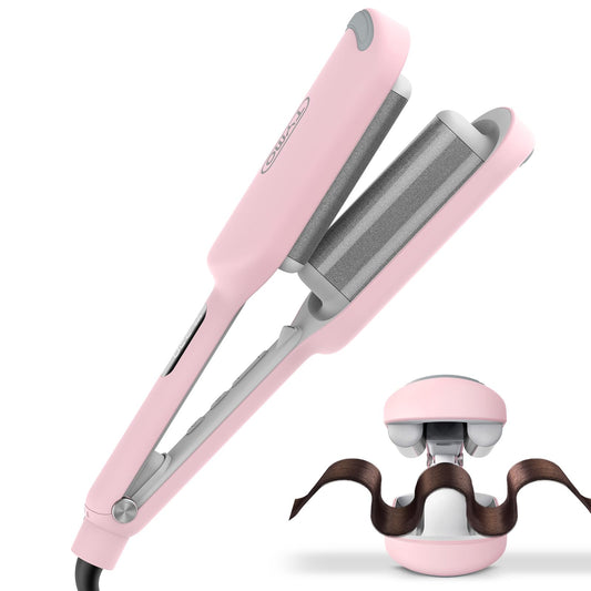 Curling Iron Hair Crimper Waver - TYMO ROVY Beach Waves Curling Wand, Ionic Deep Waver Hair Curler Tool with Ceramic 3 Barrel for Women, Dual Voltage, Anti-Scald, Easy to Use, 1.25 Inch, Pink