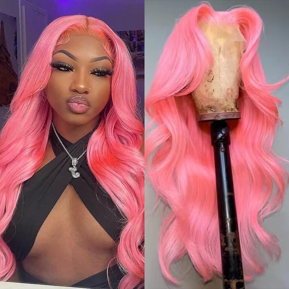 Pink Lace Front Wig Human Hair 13x4 Pink Wig Human Hair Pink Body Wave Lace Front Wigs Human Hair Pre Plucked Colored 12A 200 Density Pink HD Lace Frontal Wig Human Hair With Baby Hair 22 Inch