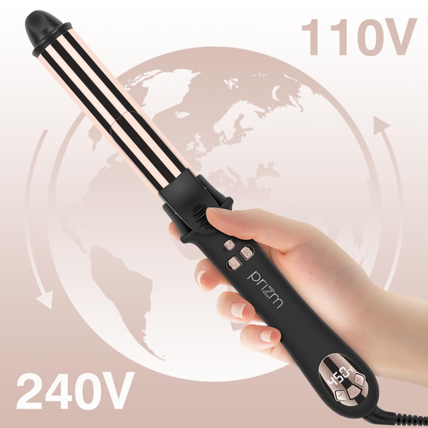 Prizm Professional 25MM Rotating Curling Iron, Nano Titanium Curling Wand, Automatic Hair Curler with 11 Adjustable Temps 250°F to 450°F, Anti Frizz Dual Voltage