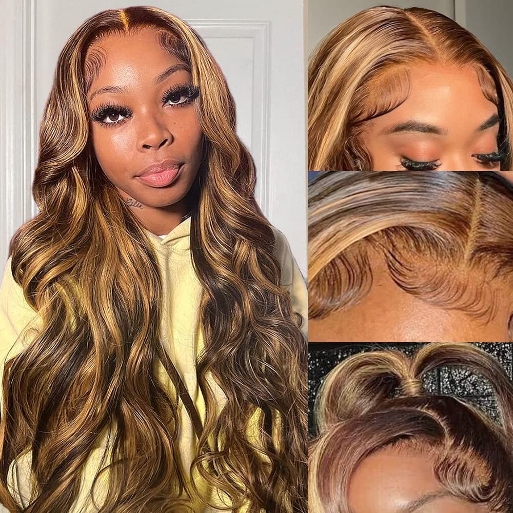 Highlight Ombre Lace Front Wigs Human Hair Pre Plucked with Baby Hair 13x4 Body Wave Frontal Wigs Human Hair 180% Density 4/27 Colored Honey Blonde Lace Front Wig for Women 22 Inch