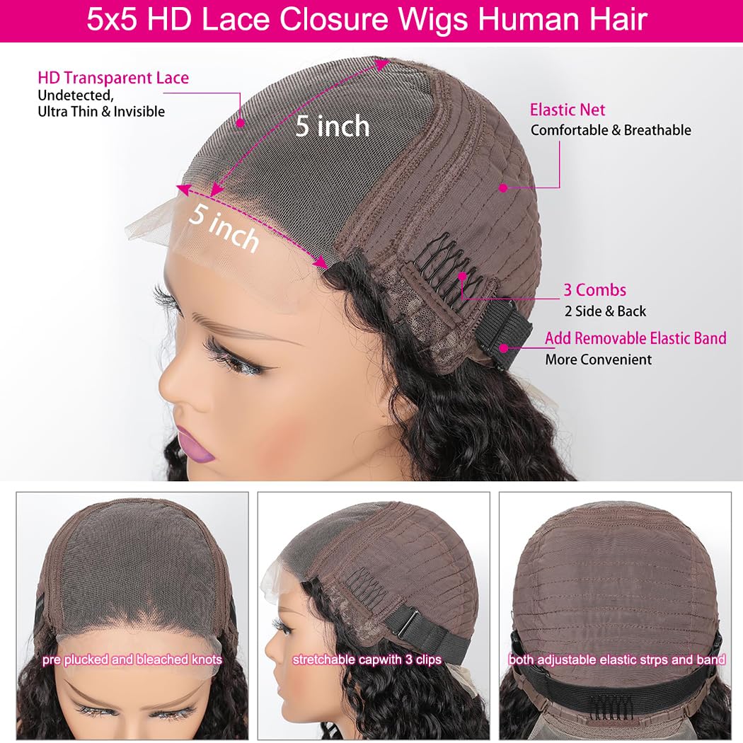 SHOWME 5x5 HD Lace Closure Glueless Wigs Human Hair Pre Plucked Brazilian Virgin Deep Wave Lace Front Wigs Human Hair 180% Density Closure Wig with Elastic Band Natural Hairline