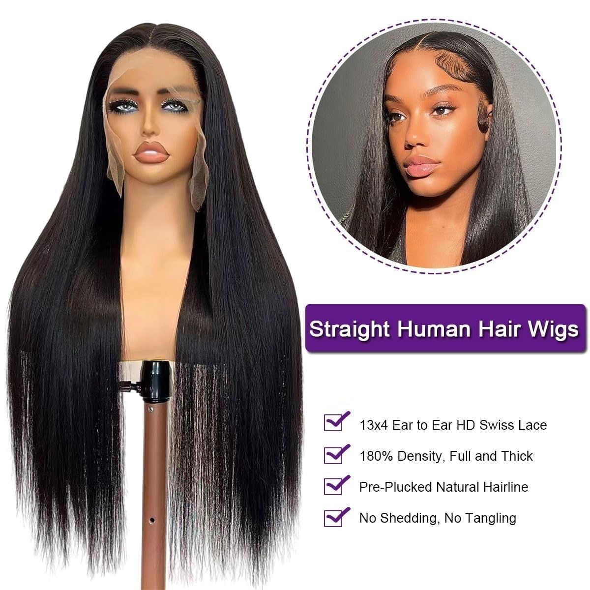 28 Inch 13x4 Straight Lace Front Wigs Human Hair 180% Density Pre Plucked Pre Cut Transparent Frontal Human Hair Wigs for Black Women with Baby Hair Natural Black