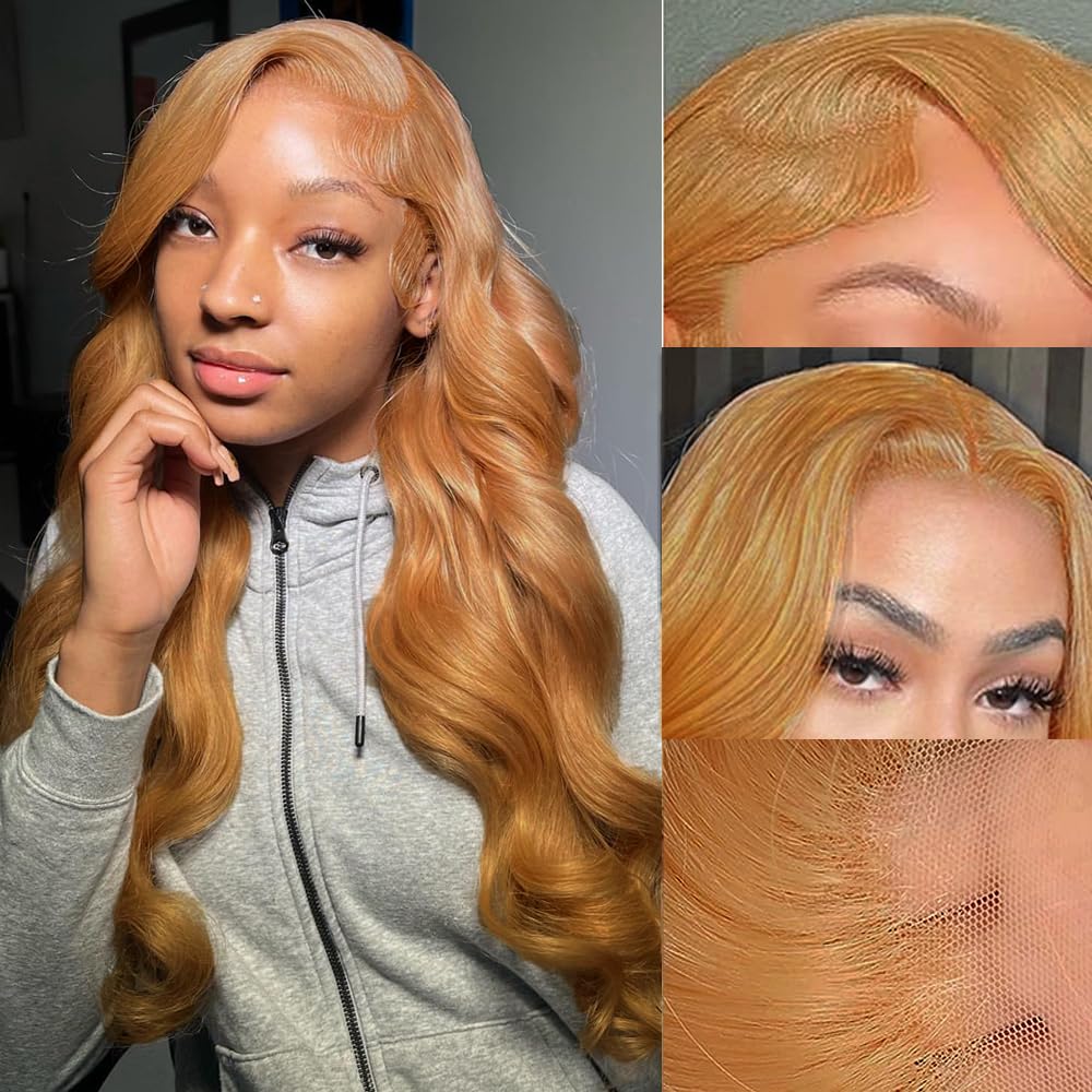 Highlight Ombre Lace Front Wigs Human Hair Pre Plucked with Baby Hair 13x4 Body Wave Frontal Wigs Human Hair 180% Density 4/27 Colored Honey Blonde Lace Front Wig for Women 22 Inch