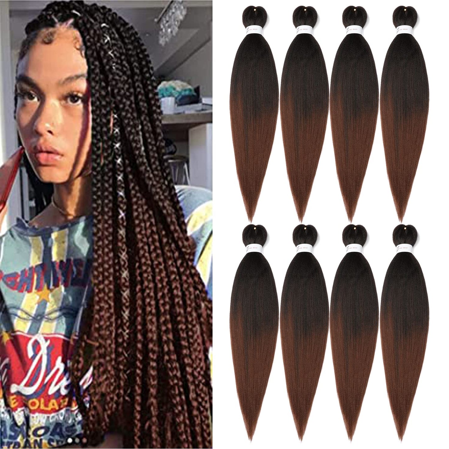 Braiding Hair Pre Stretched 24 Inch 8 Packs Ombre Braiding Hair Professional Soft Braiding Hair Yaki Texture, No Itch, Hot Water Setting Hair Extensions for Braids (24in,1B/30)