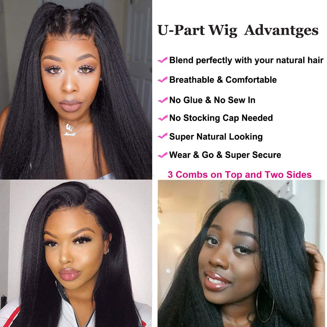 UNICE Kinky Straight V Part Wig Human Hair No Leave Out Glueless Upgrade U Part Wig Human Hair Clip in Wigs Beginner Friendly No-Sew In No Glue 20 inch