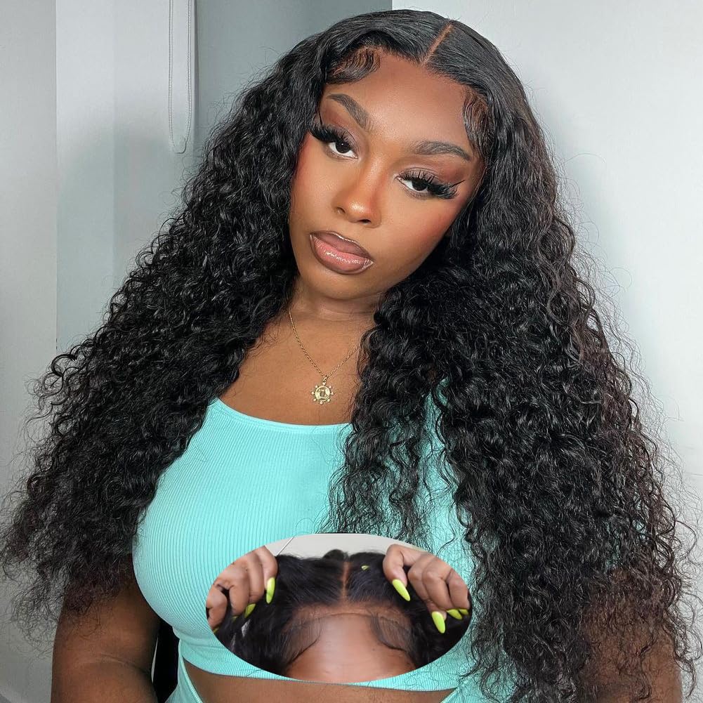 Water Wave 4x4 Lace Front Wigs Human Hair Pre Plucked, 180% Density Brazilian Virgin Wet and Wavy Wigs for Women Curly Wig with Baby Hair Natural Color 24 Inch