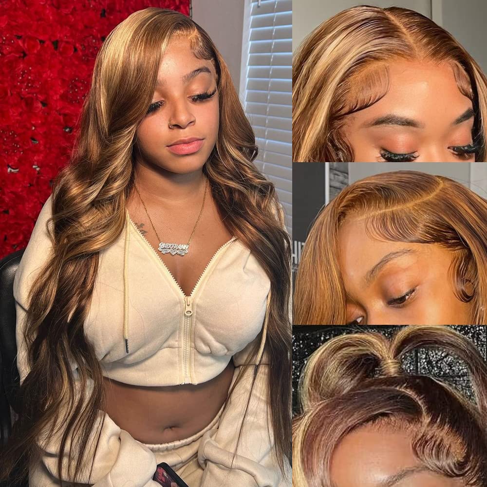 Highlight Ombre Lace Front Wigs Human Hair Pre Plucked with Baby Hair 13x4 Body Wave Frontal Wigs Human Hair 180% Density 4/27 Colored Honey Blonde Lace Front Wig for Women 22 Inch