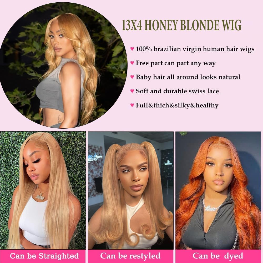 Highlight Ombre Lace Front Wigs Human Hair Pre Plucked with Baby Hair 13x4 Body Wave Frontal Wigs Human Hair 180% Density 4/27 Colored Honey Blonde Lace Front Wig for Women 22 Inch