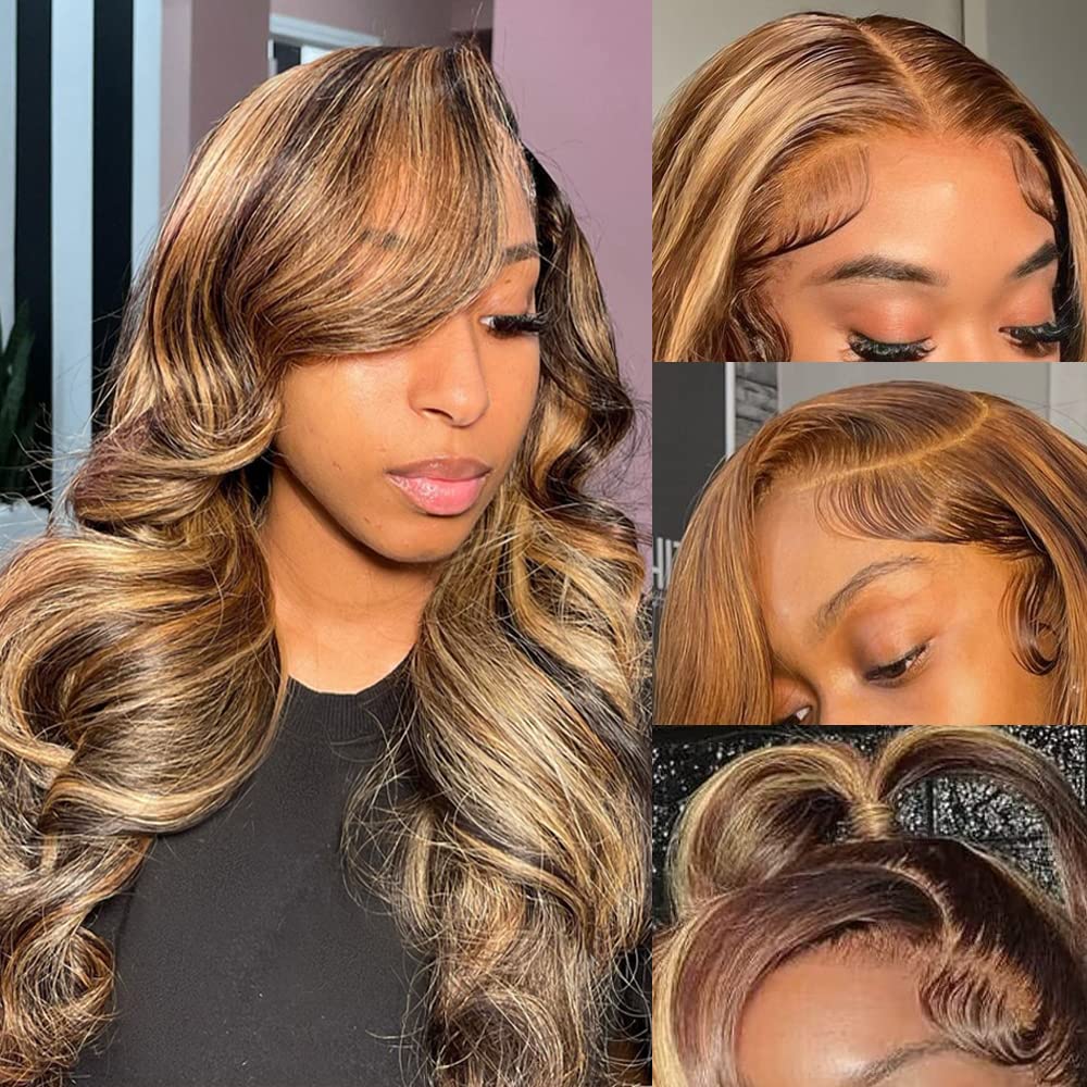 Highlight Ombre Lace Front Wigs Human Hair Pre Plucked with Baby Hair 13x4 Body Wave Frontal Wigs Human Hair 180% Density 4/27 Colored Honey Blonde Lace Front Wig for Women 22 Inch