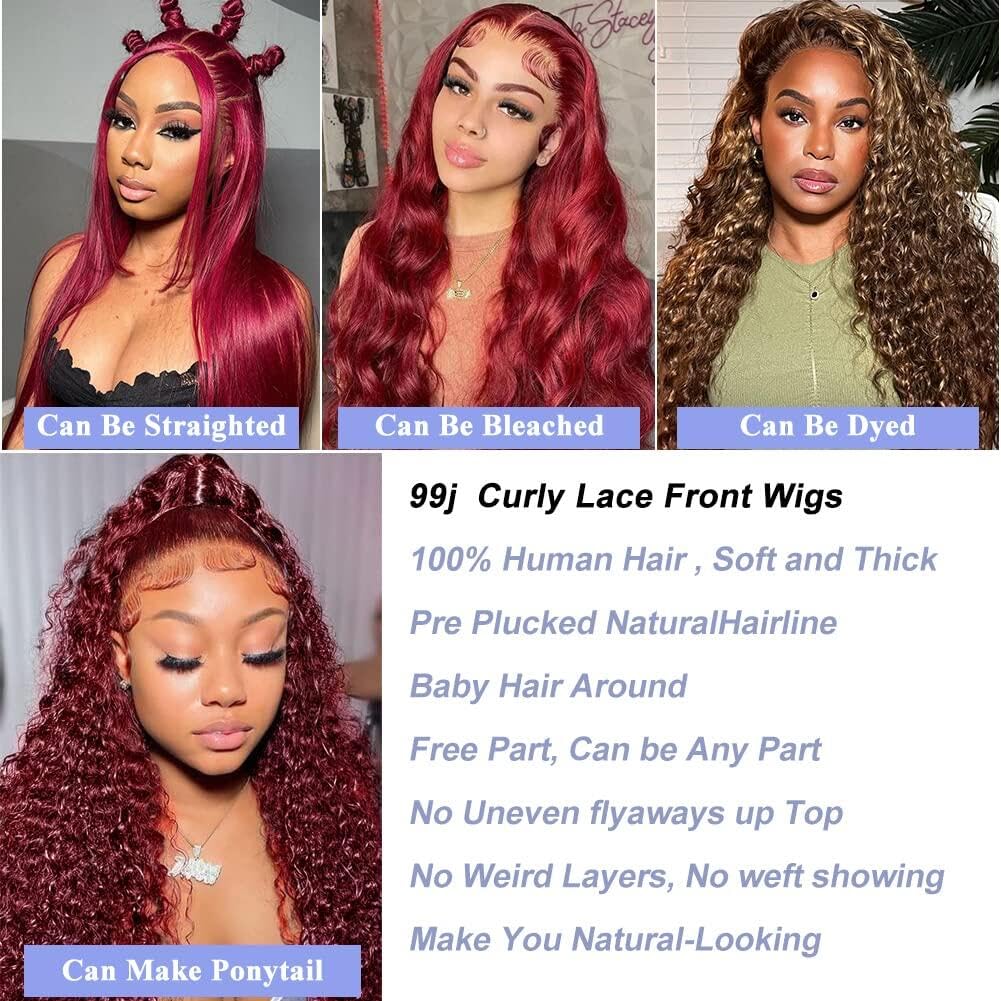 Larhali 99J HD Lace Front Wigs Human Hair Pre Plucked 180% Density Burgundy 13x6 Deep Wave Frontal Wigs Natural Hairline Human Hair Wigs for Black Women(24 Inch)