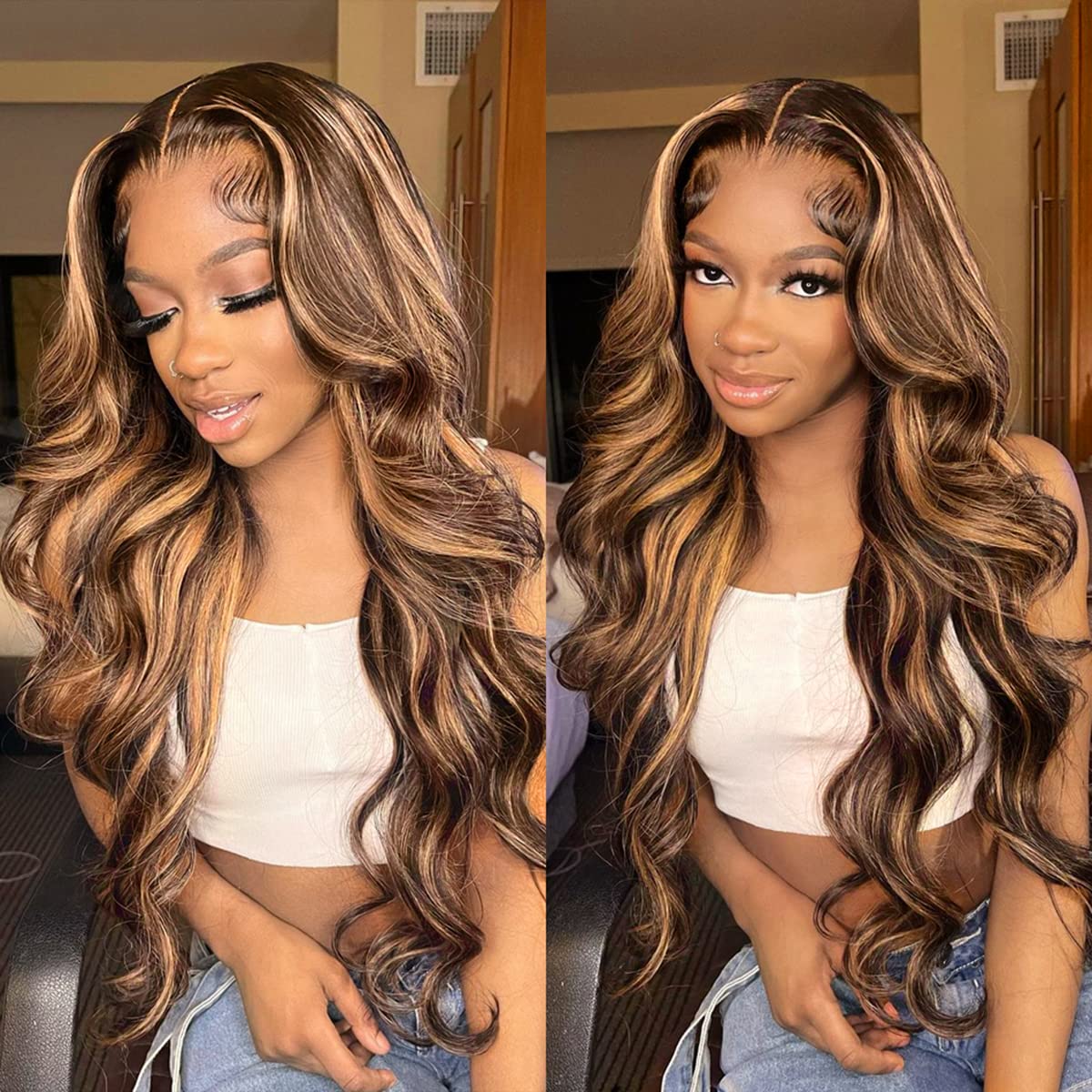 ISEE Wear & Go Glueless Wig Highlight Brown Wigs Silky Straight Pre-plucked 4x6 HD Transparent 4/27 Honey Blonde Lace Frontal Wigs 180% Density Colored Straight Human Hair Wigs for Women 28 Inch