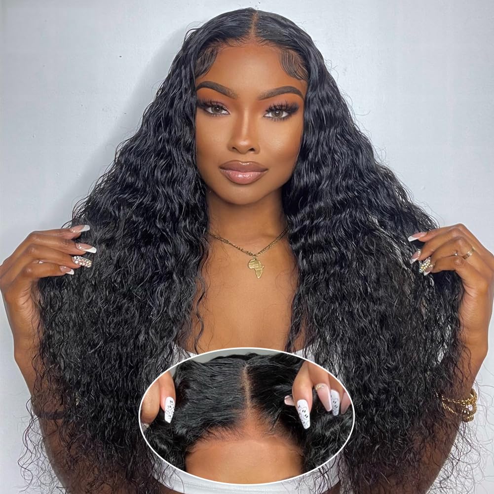 Water Wave 4x4 Lace Front Wigs Human Hair Pre Plucked, 180% Density Brazilian Virgin Wet and Wavy Wigs for Women Curly Wig with Baby Hair Natural Color 24 Inch