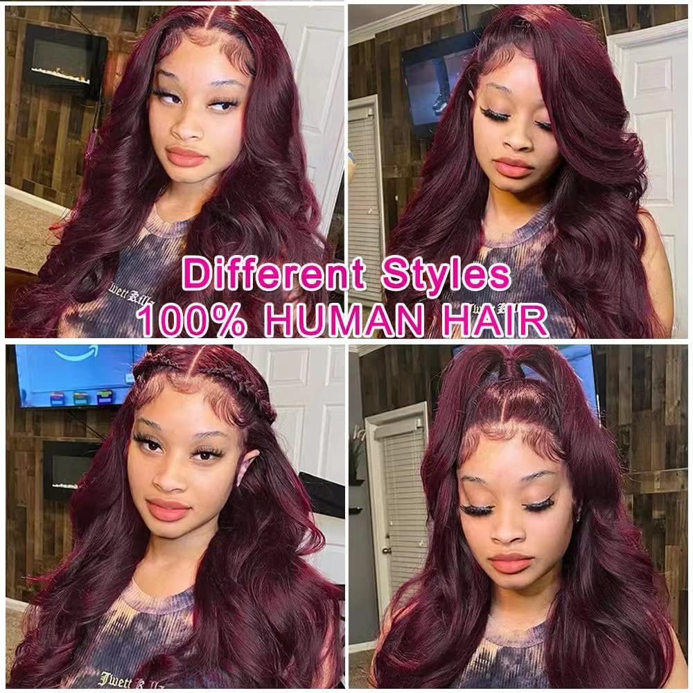 13x4 99J Burgundy Body Wave Lace Front Wigs Human Hair 180% Density Wine Red Color Wigs for Women HD Transparent Lace Front Wigs Glueless Human Hair Pre Plucked with Baby Hair (20inch)