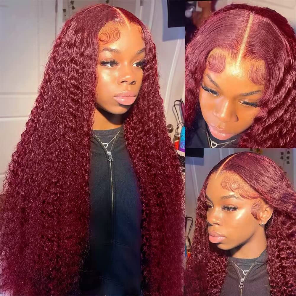 Larhali 99J HD Lace Front Wigs Human Hair Pre Plucked 180% Density Burgundy 13x6 Deep Wave Frontal Wigs Natural Hairline Human Hair Wigs for Black Women(24 Inch)