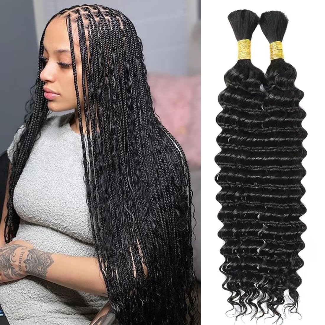 Human Braiding Hair 2 Bundles 100g 20Inch Deep Wave Bulk Human Hair for Braiding No Weft Curly Braiding Hair Bulk Curly Human Hair for Boho Braids 12A Brazilian Virgin Hair Extensions Natural Color