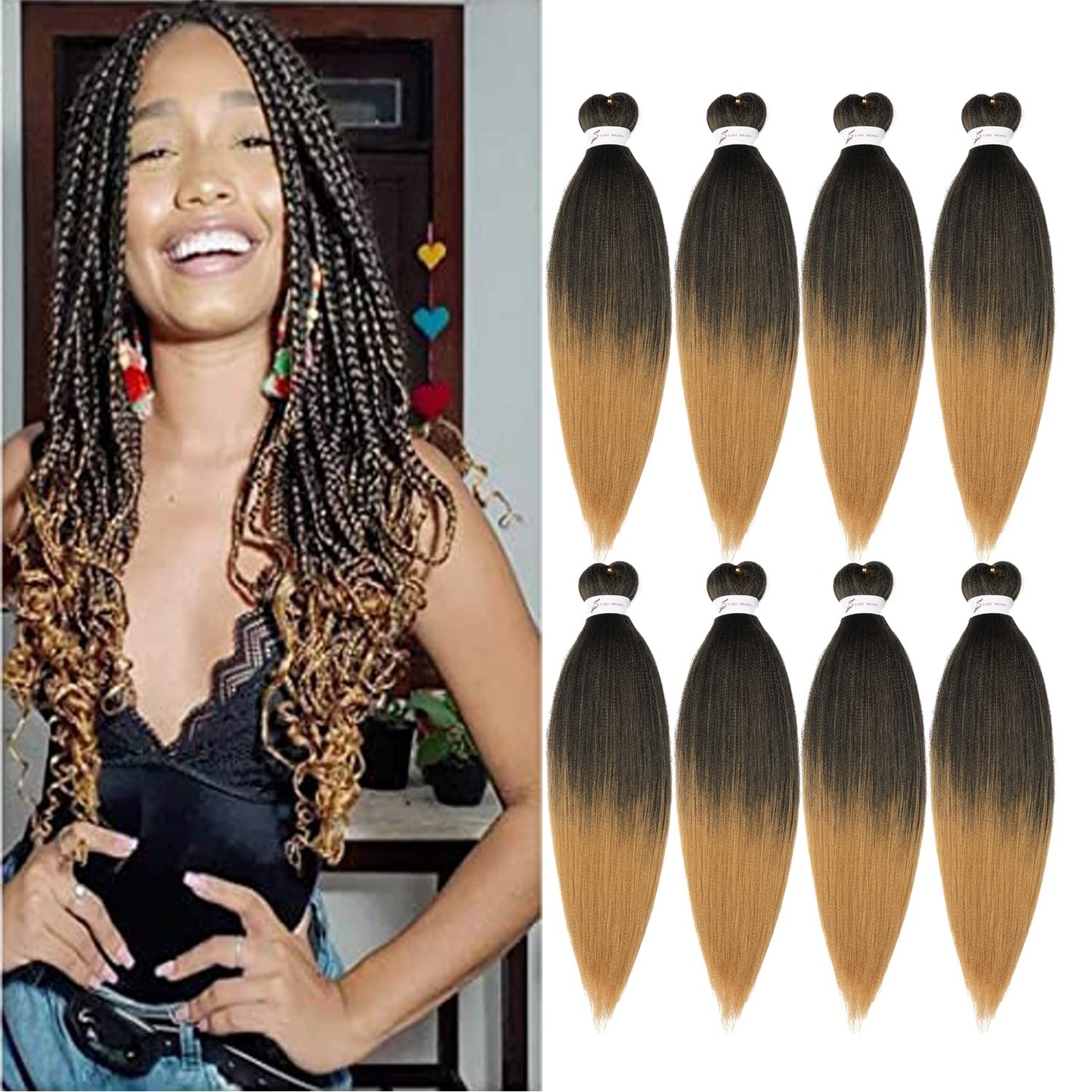 Braiding Hair Pre Stretched 24 Inch 8 Packs Ombre Braiding Hair Professional Soft Braiding Hair Yaki Texture, No Itch, Hot Water Setting Hair Extensions for Braids (24in,1B/30)