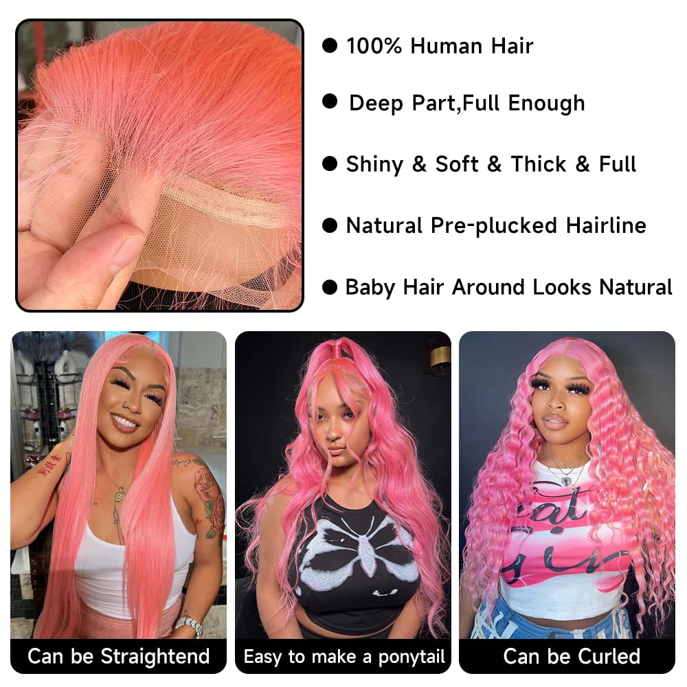 Pink Lace Front Wig Human Hair 13x4 Pink Wig Human Hair Pink Body Wave Lace Front Wigs Human Hair Pre Plucked Colored 12A 200 Density Pink HD Lace Frontal Wig Human Hair With Baby Hair 22 Inch