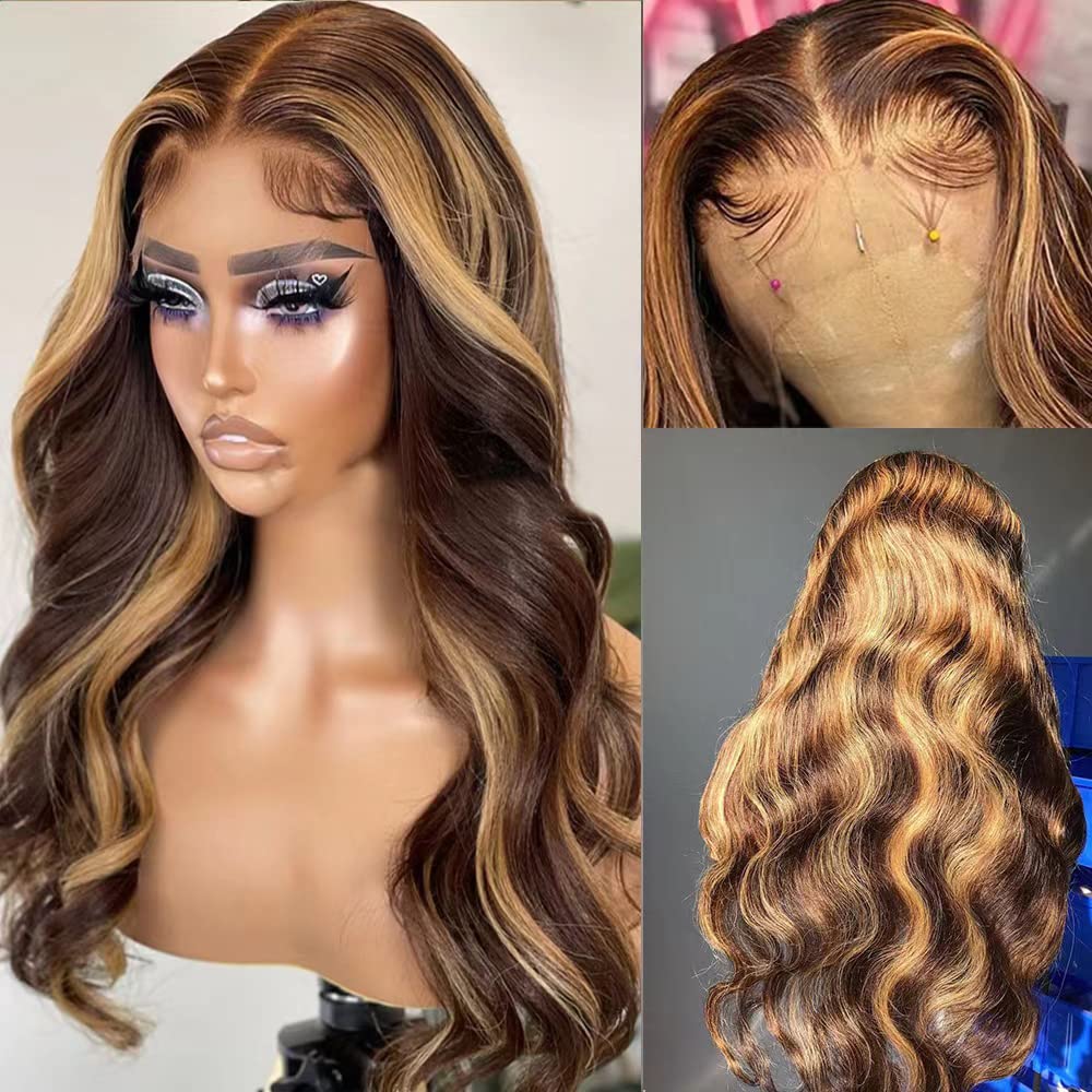 Highlight Ombre Lace Front Wigs Human Hair Pre Plucked with Baby Hair 13x4 Body Wave Frontal Wigs Human Hair 180% Density 4/27 Colored Honey Blonde Lace Front Wig for Women 22 Inch