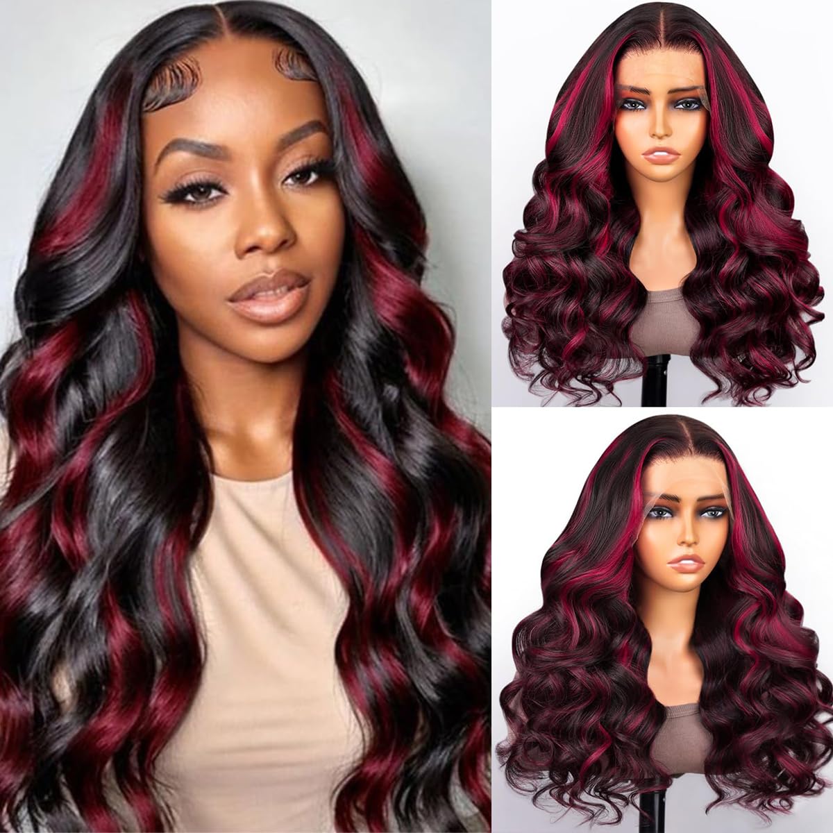 TESLAL Burgundy Body Wave Wig, 18 inch, 1B99J Colored Human Hair, 13x4 Lace Front, 180% Density, Pre Plucked, Adjustable, Tangle Free