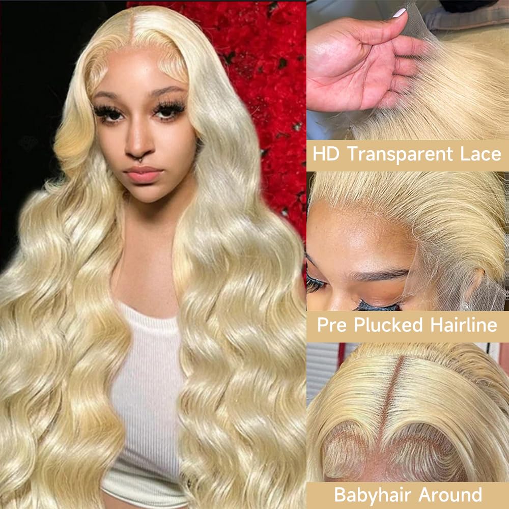 613 13x6 Lace Front Wig Human Hair 28 Inch Blonde Wig Human Hair 200% Density Body Wave HD Blonde Lace Front Wigs Human Hair Pre Plucked 613 Lace Front Wig Human Hair