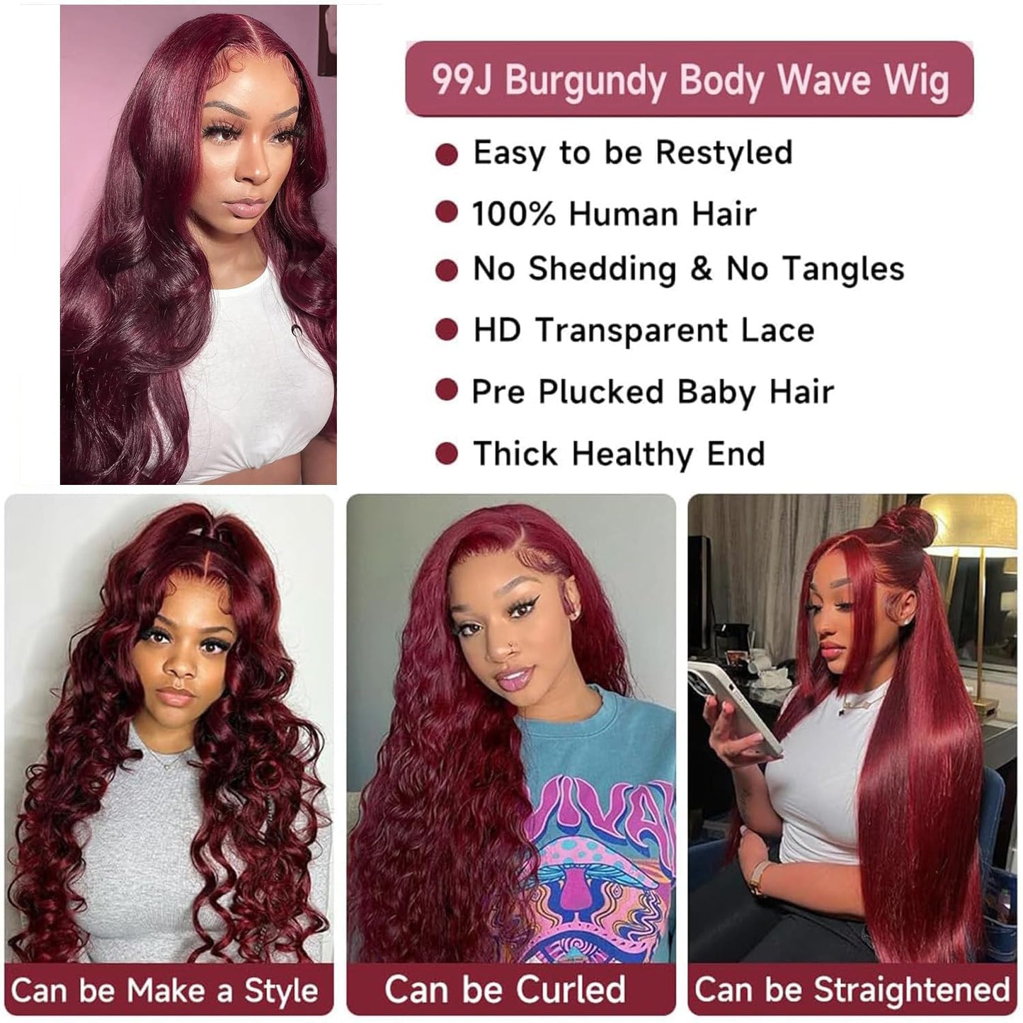 13x4 99J Burgundy Body Wave Lace Front Wigs Human Hair 180% Density Wine Red Color Wigs for Women HD Transparent Lace Front Wigs Glueless Human Hair Pre Plucked with Baby Hair (20inch)