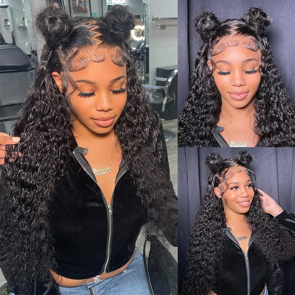 Water Wave 4x4 Lace Front Wigs Human Hair Pre Plucked, 180% Density Brazilian Virgin Wet and Wavy Wigs for Women Curly Wig with Baby Hair Natural Color 24 Inch