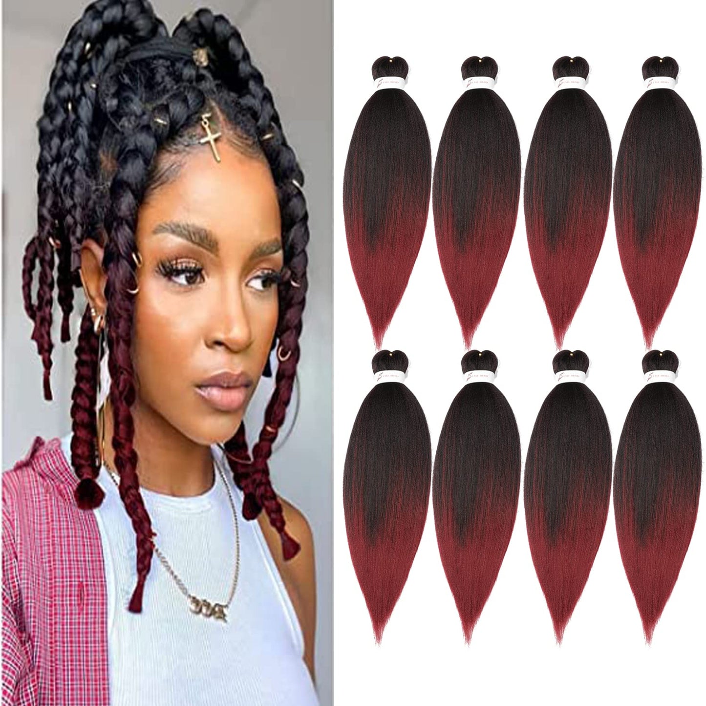 Braiding Hair Pre Stretched 24 Inch 8 Packs Ombre Braiding Hair Professional Soft Braiding Hair Yaki Texture, No Itch, Hot Water Setting Hair Extensions for Braids (24in,1B/30)