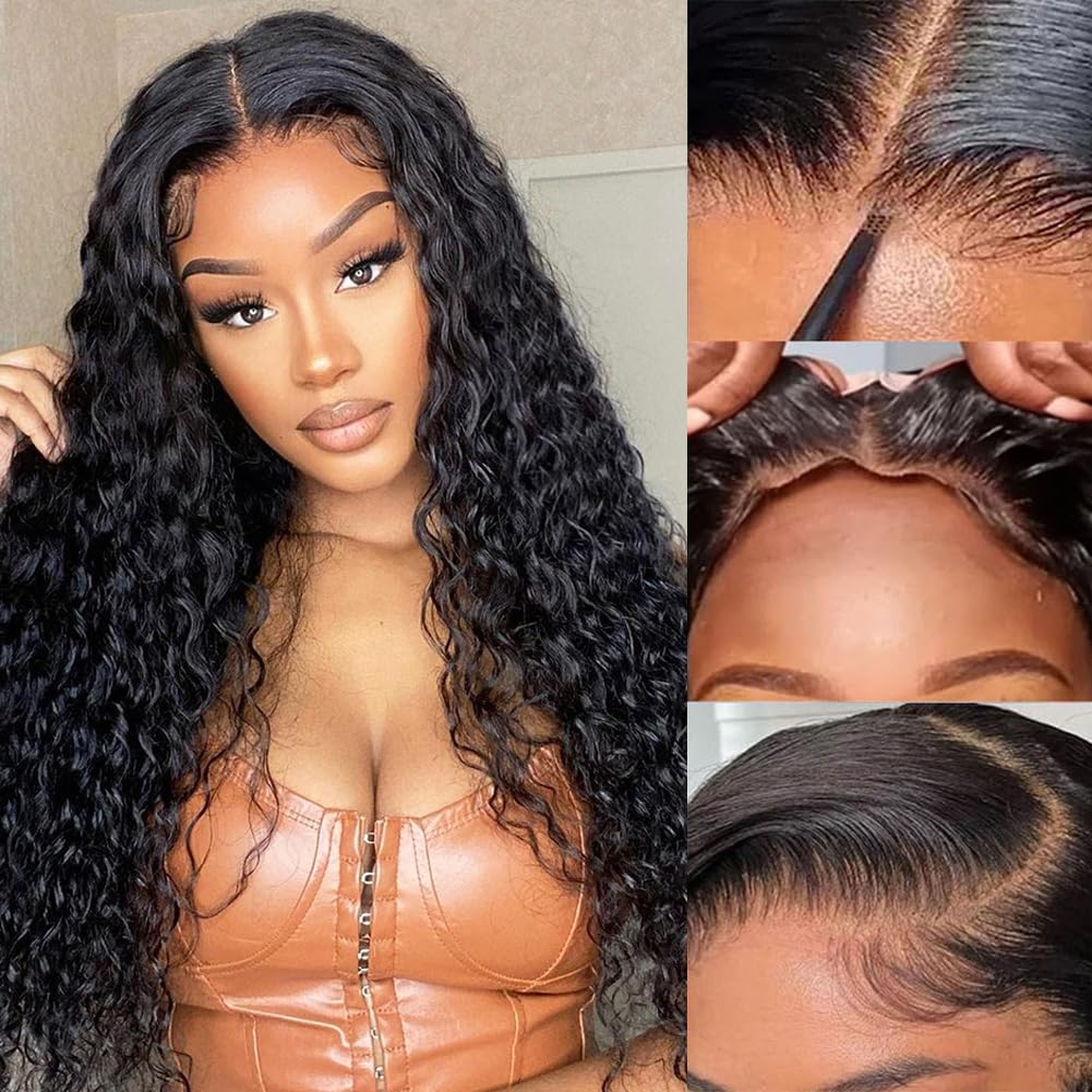 Water Wave 4x4 Lace Front Wigs Human Hair Pre Plucked, 180% Density Brazilian Virgin Wet and Wavy Wigs for Women Curly Wig with Baby Hair Natural Color 24 Inch