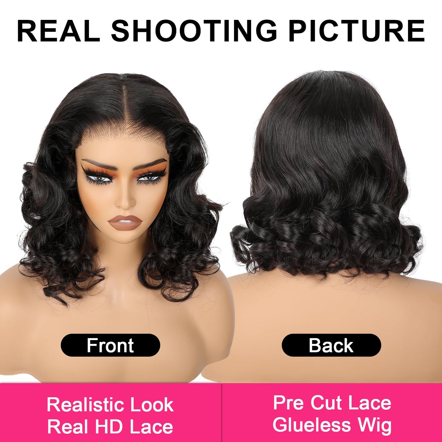 ISEE Wear and Go Glueless Wigs Human Hair Pre Plucked Pre Cut Short Bob Body Wave Lace Front Wigs Human Hair for Women Upgraded Glueless Bob Wig No Glue 6x4 HD Lace Closure Wigs (14 Inch)