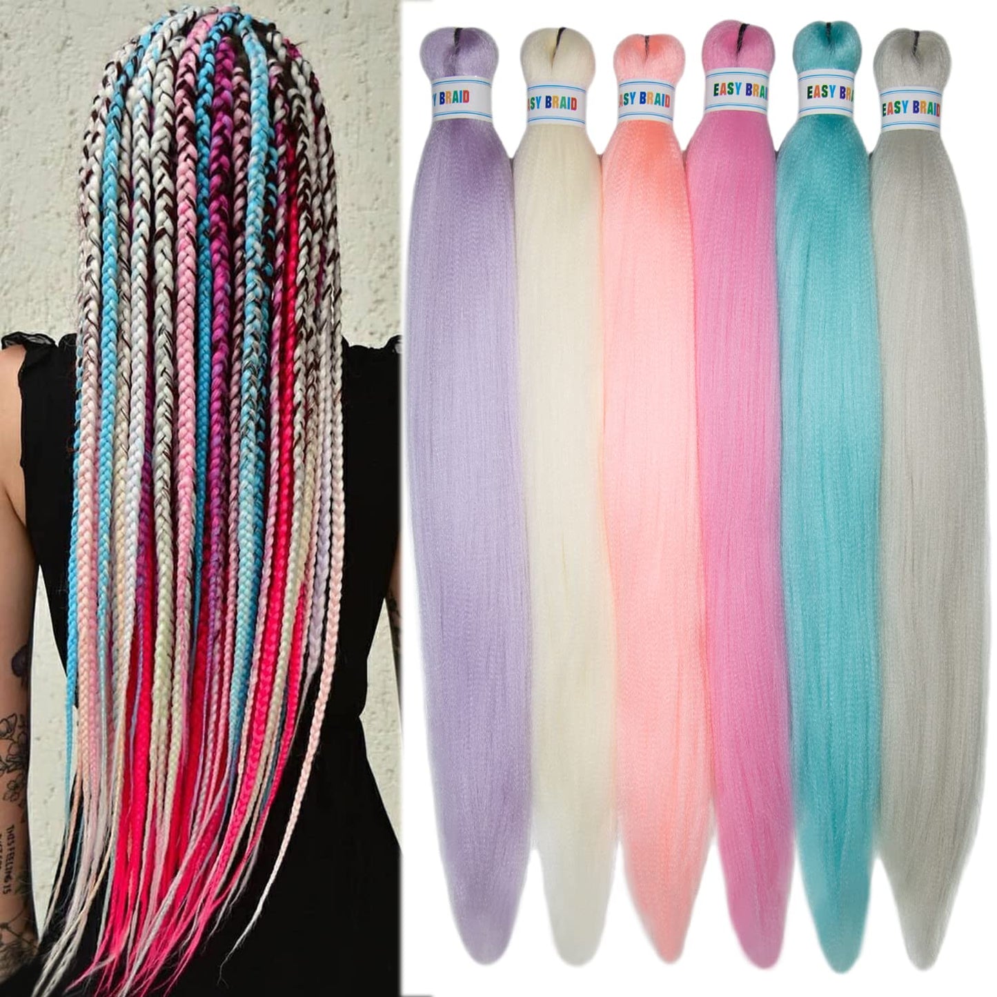 Colorful Braiding Hair Pre Stretched Colored Braiding Hair Extensions for Braids 26inch 6Pcs Knotless Braiding Hair Pre Stretched Rainbow Box Braiding Hair Pre Stretched