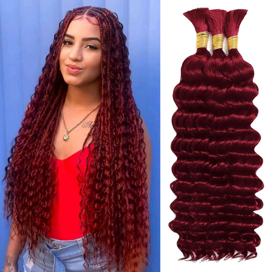 Human Braiding Hair 110g 3 Bundles 18 Inch Deep Wave Bulk Human Hair No Weft Brazilian Virgin Deep Curly Human Hair Extensions Wet and Wavy 99J Burgundy Braiding Hair for Micro Braids