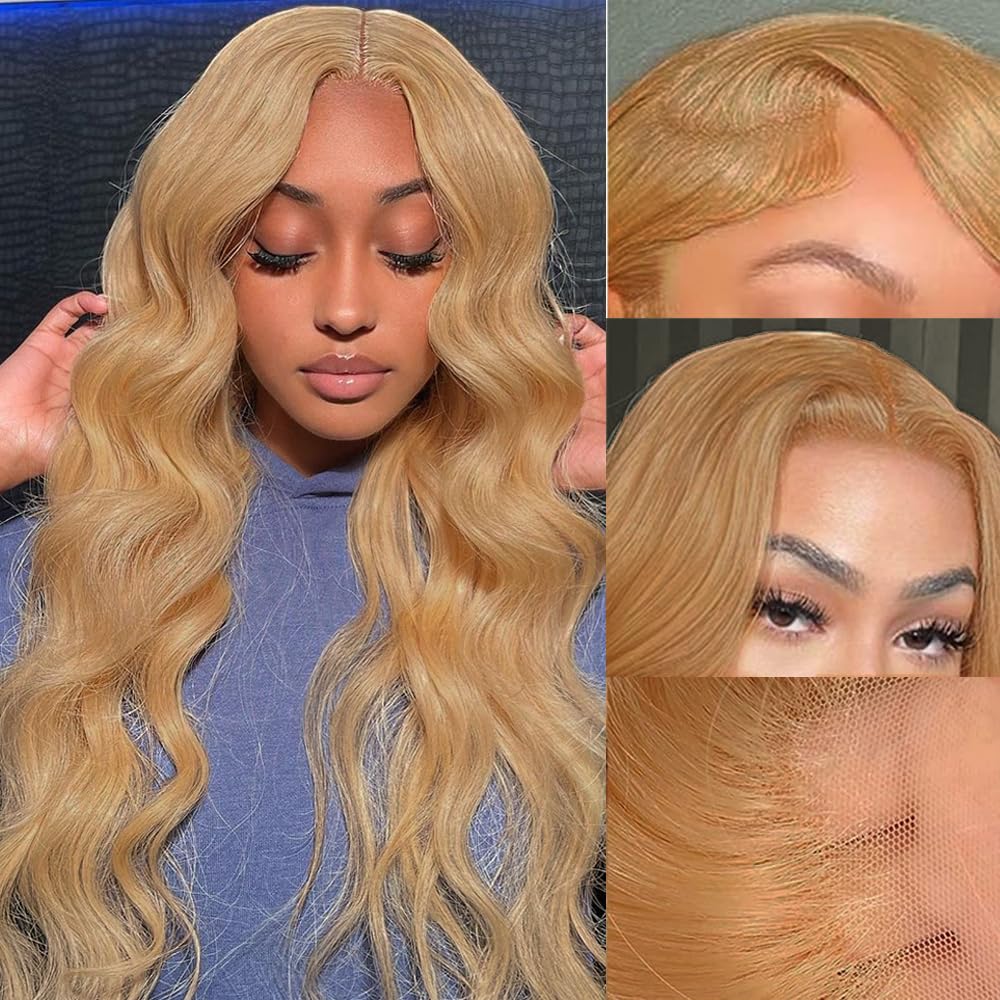 Highlight Ombre Lace Front Wigs Human Hair Pre Plucked with Baby Hair 13x4 Body Wave Frontal Wigs Human Hair 180% Density 4/27 Colored Honey Blonde Lace Front Wig for Women 22 Inch