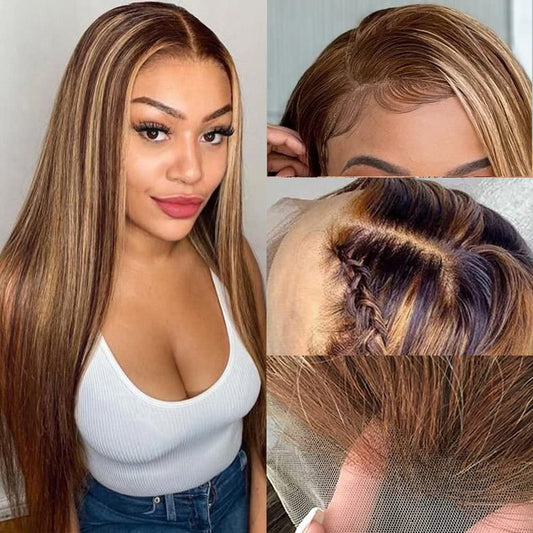 Ombre Highlight Lace Front Wig Human Hair 13x4 Glueless Transparent HD Lace Frontal Wigs Pre Plucked With Baby Hair Straight Brazilian Blonde 4/27 Human Hair Wigs 180% Density for Black Women 22 Inch