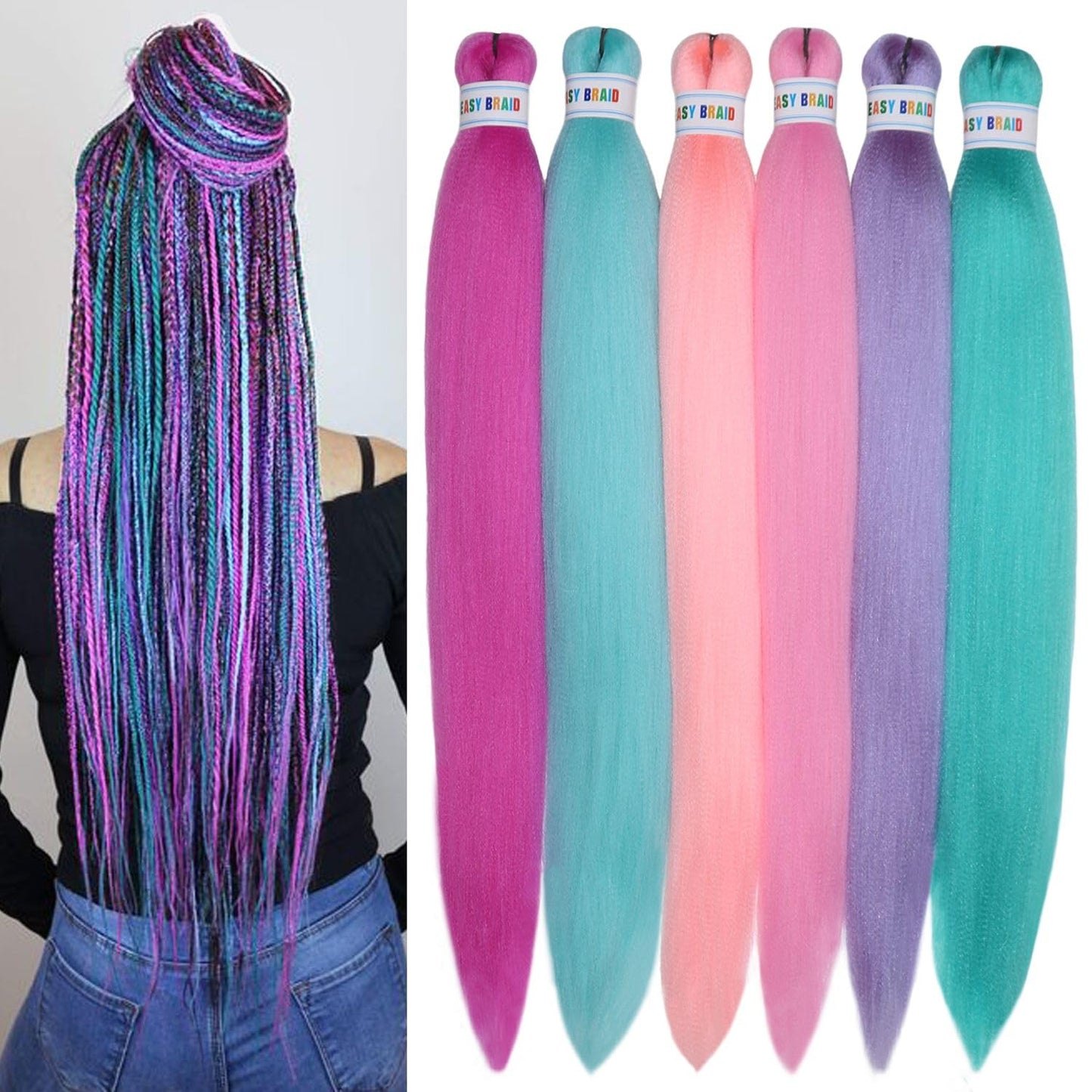 Colorful Braiding Hair Pre Stretched Colored Braiding Hair Extensions for Braids 26inch 6Pcs Knotless Braiding Hair Pre Stretched Rainbow Box Braiding Hair Pre Stretched