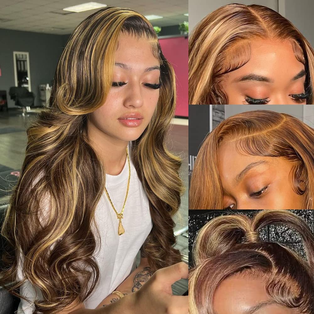 Highlight Ombre Lace Front Wigs Human Hair Pre Plucked with Baby Hair 13x4 Body Wave Frontal Wigs Human Hair 180% Density 4/27 Colored Honey Blonde Lace Front Wig for Women 22 Inch