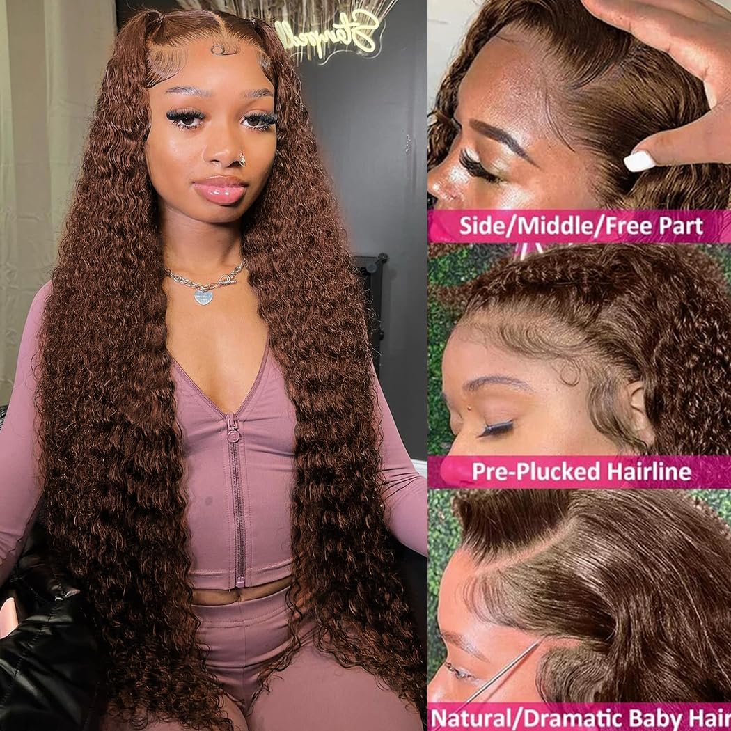 SHOWME 5x5 HD Lace Closure Glueless Wigs Human Hair Pre Plucked Brazilian Virgin Deep Wave Lace Front Wigs Human Hair 180% Density Closure Wig with Elastic Band Natural Hairline