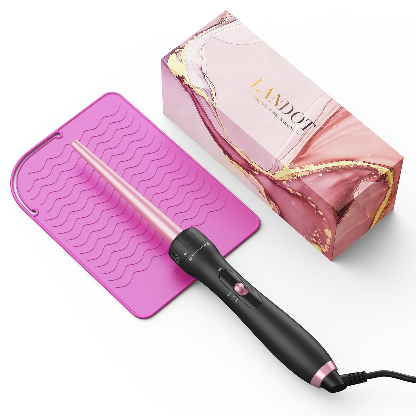 LANDOT 5-in-1 Curling Iron Wand Set: Hair Curler Set with Curling Thermal Brush 1-1/2 inch and 4 Interchangeable Ceramic Curling Wand (0.35”-1.25”) - Instant Heat Up Long Lasting Curls