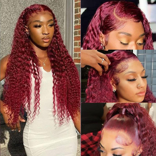 Burgundy Lace Front Wigs Human Hair Pre Plucked 99J Deep Wave Wig 13x4 HD Lace Frontal Wigs for Black Women Human Hair Red Colored Wet and Wavy Curly Wigs 22 Inch