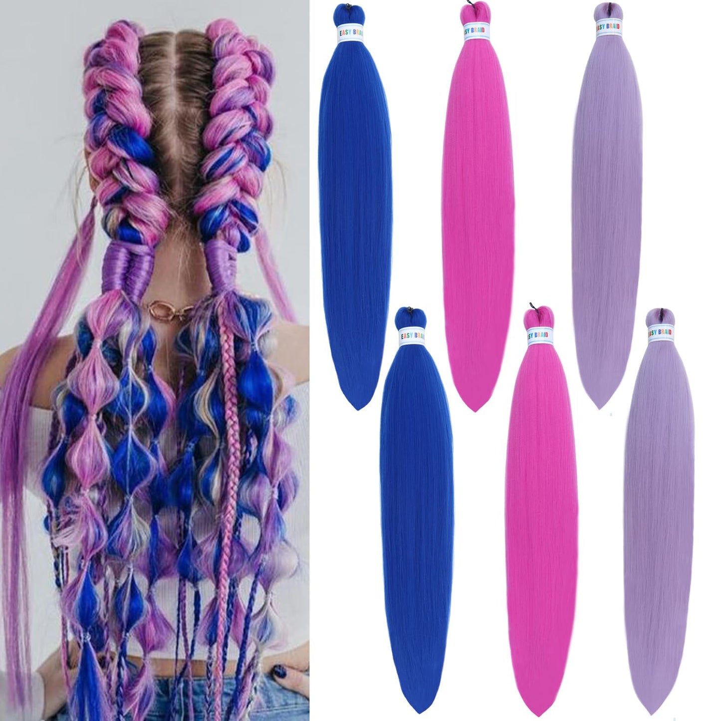 Colorful Braiding Hair Pre Stretched Colored Braiding Hair Extensions for Braids 26inch 6Pcs Knotless Braiding Hair Pre Stretched Rainbow Box Braiding Hair Pre Stretched