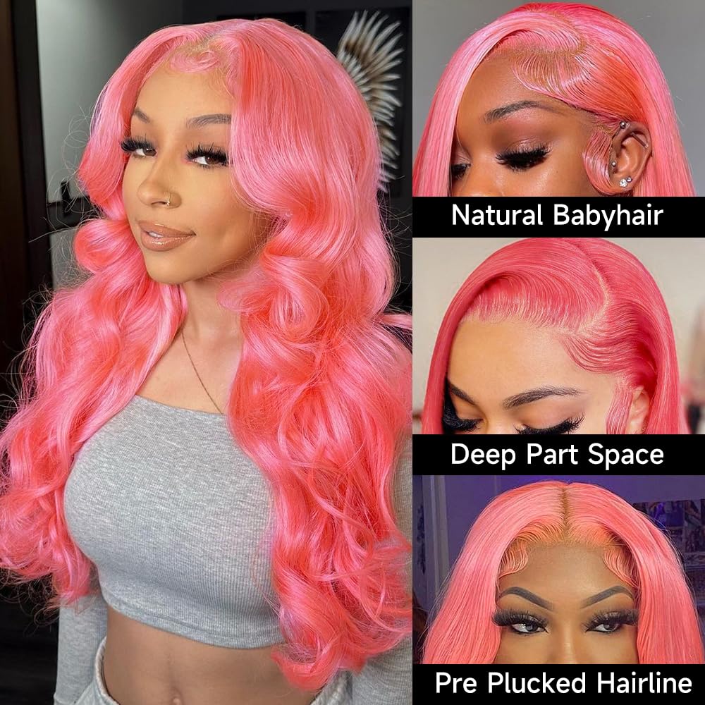 Pink Lace Front Wig Human Hair 13x4 Pink Wig Human Hair Pink Body Wave Lace Front Wigs Human Hair Pre Plucked Colored 12A 200 Density Pink HD Lace Frontal Wig Human Hair With Baby Hair 22 Inch