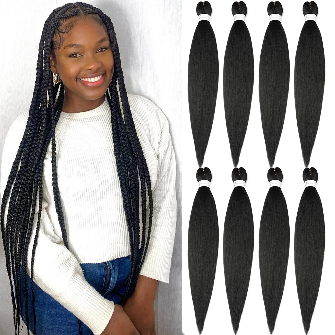 Braiding Hair Pre Stretched 24 Inch 8 Packs Ombre Braiding Hair Professional Soft Braiding Hair Yaki Texture, No Itch, Hot Water Setting Hair Extensions for Braids (24in,1B/30)