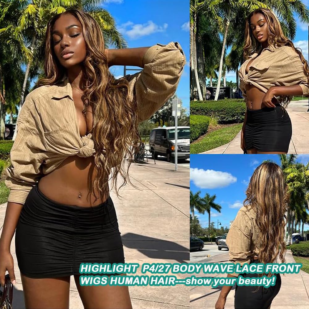 P4/350 Body Wave Lace Front Wigs Human Hair Brown Ginger Colored Wigs 13x4 HD Lace Frontal Highlight Ombre Wig Human Hair 180% Density P4/350 Colored Wigs Human Hair for Black Women 22Inch