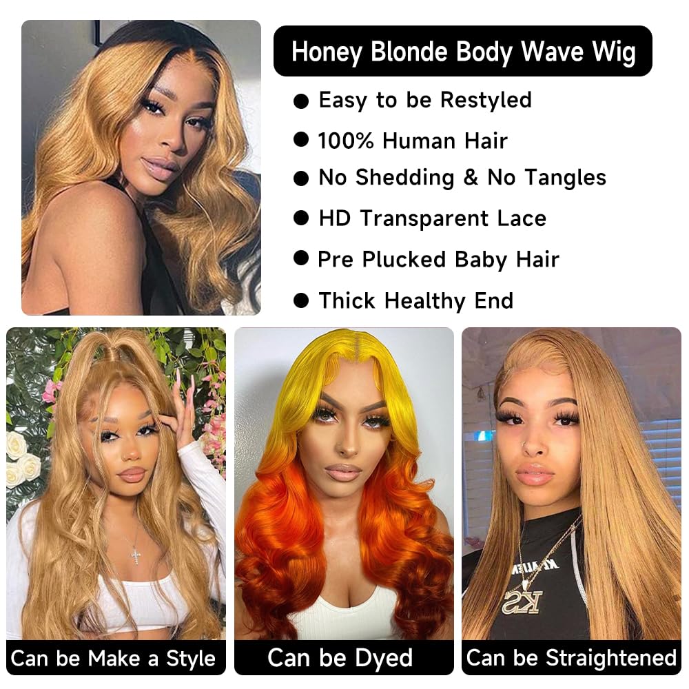 Ombre Highlight Lace Front Wig Human Hair 13x4 Glueless Transparent HD Lace Frontal Wigs Pre Plucked With Baby Hair Straight Brazilian Blonde 4/27 Human Hair Wigs 180% Density for Black Women 22 Inch