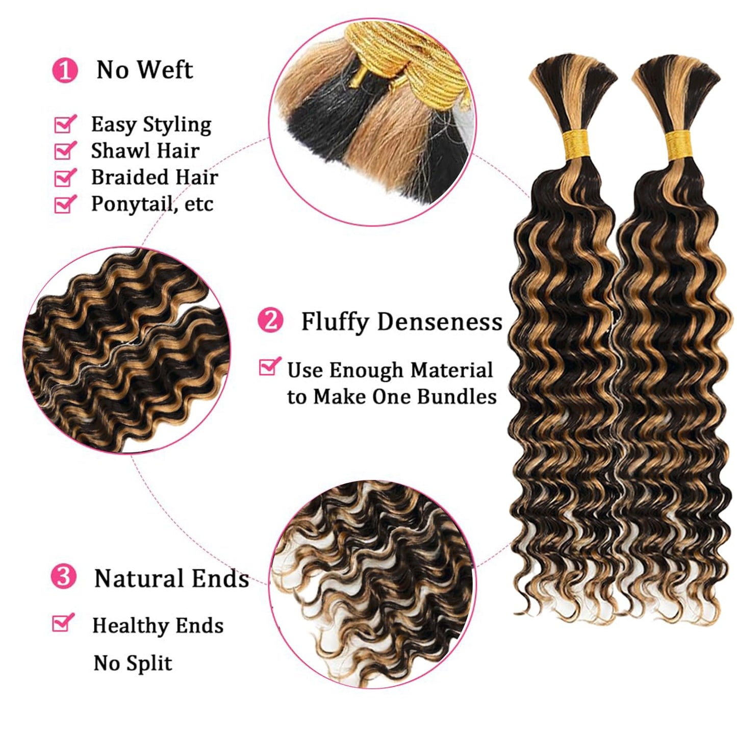 Human Braiding Hair 2 Bundles 100g 20Inch Deep Wave Bulk Human Hair for Braiding No Weft Curly Braiding Hair Bulk Curly Human Hair for Boho Braids 12A Brazilian Virgin Hair Extensions Natural Color