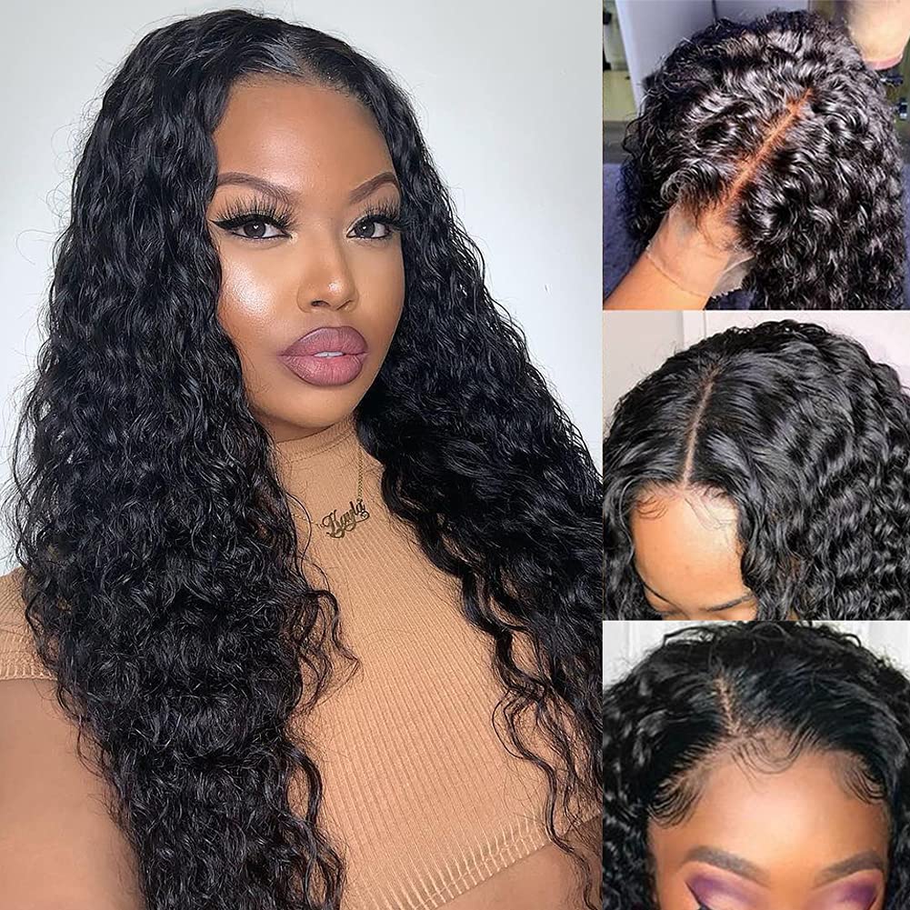 Water Wave 4x4 Lace Front Wigs Human Hair Pre Plucked, 180% Density Brazilian Virgin Wet and Wavy Wigs for Women Curly Wig with Baby Hair Natural Color 24 Inch