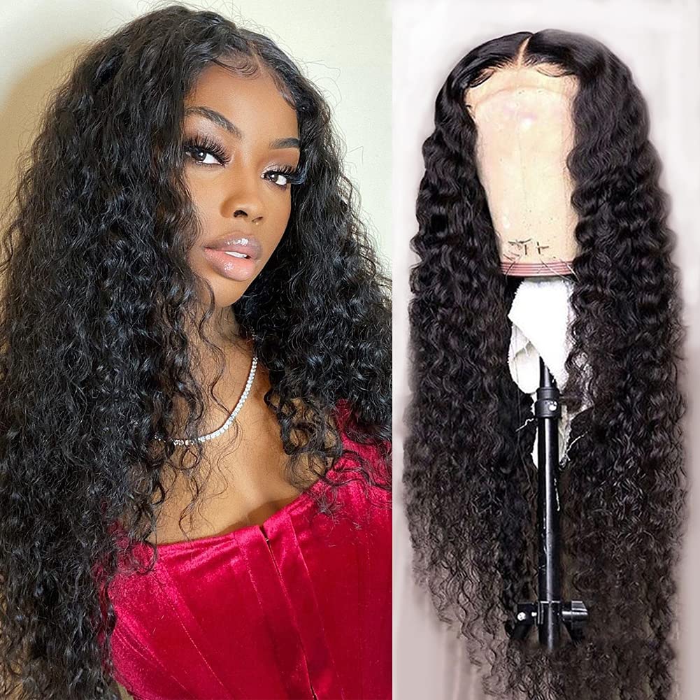 Water Wave 4x4 Lace Front Wigs Human Hair Pre Plucked, 180% Density Brazilian Virgin Wet and Wavy Wigs for Women Curly Wig with Baby Hair Natural Color 24 Inch